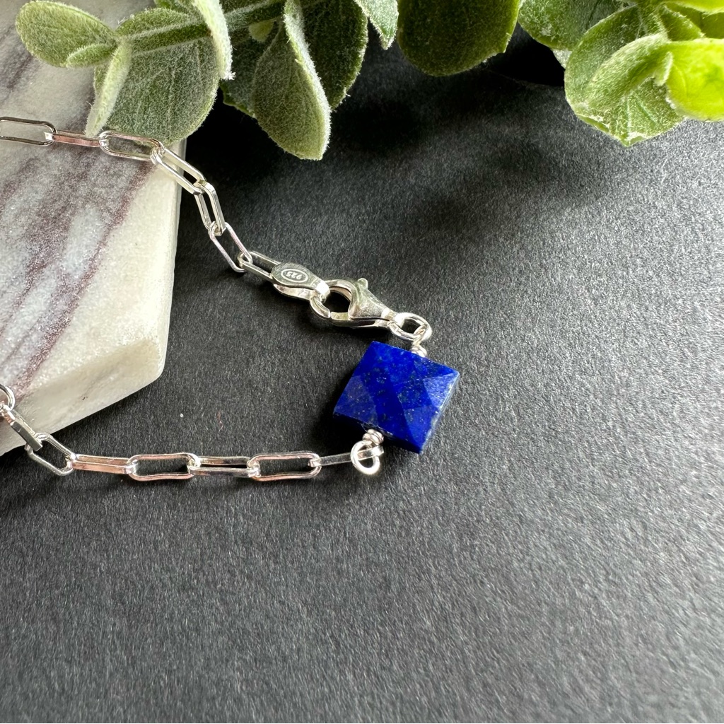Lapis Lazuli Bracelet Paperclip Chain Bracelet Sterling Silver